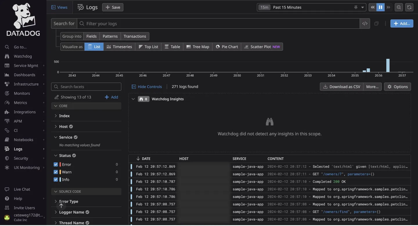 Log Tab in Datadog