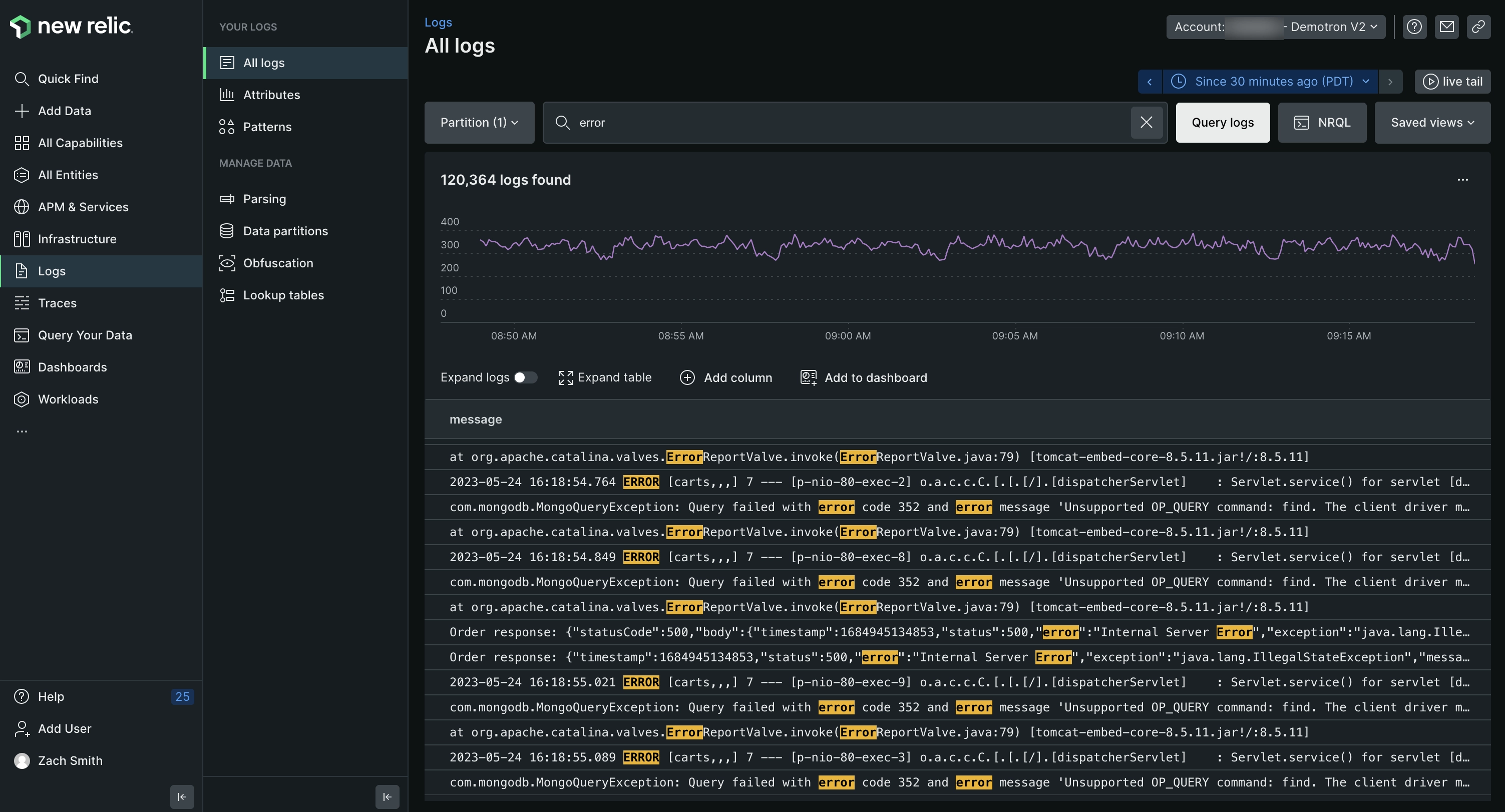 New Relic  Logs Dashboard (Source: New Relic)