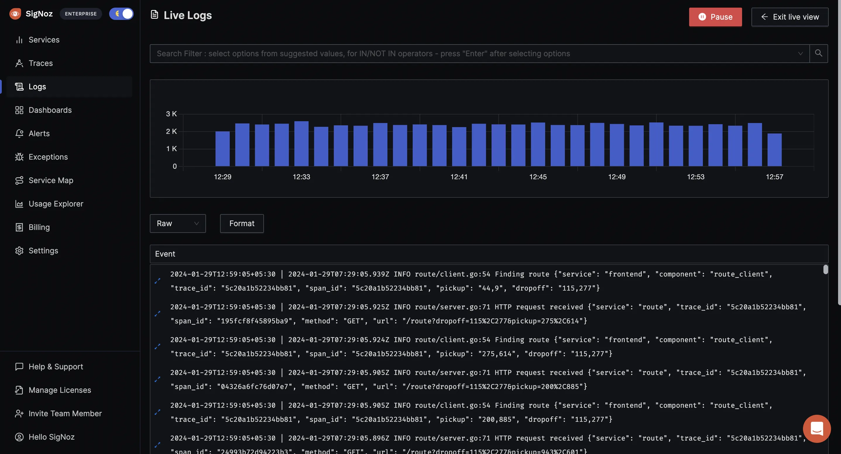 Live tail logging in SigNoz