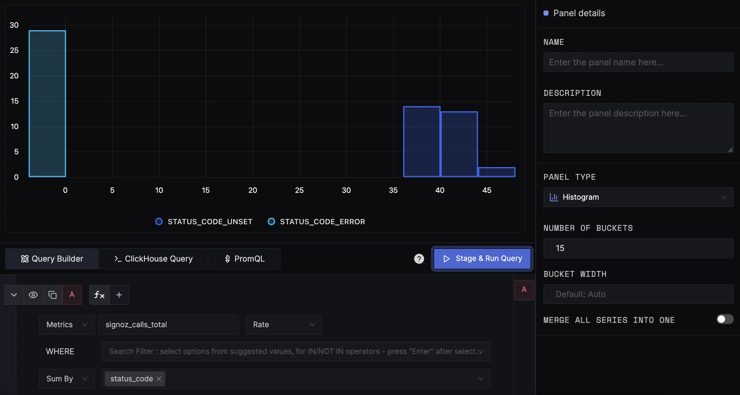 Histogram with two series and 15 buckets