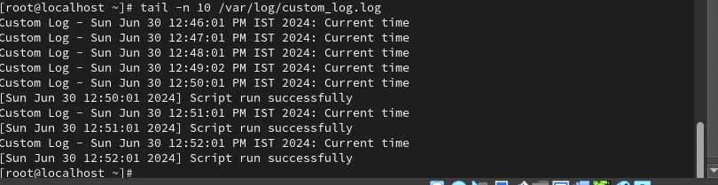 Latest cronjob log entries with timestamp